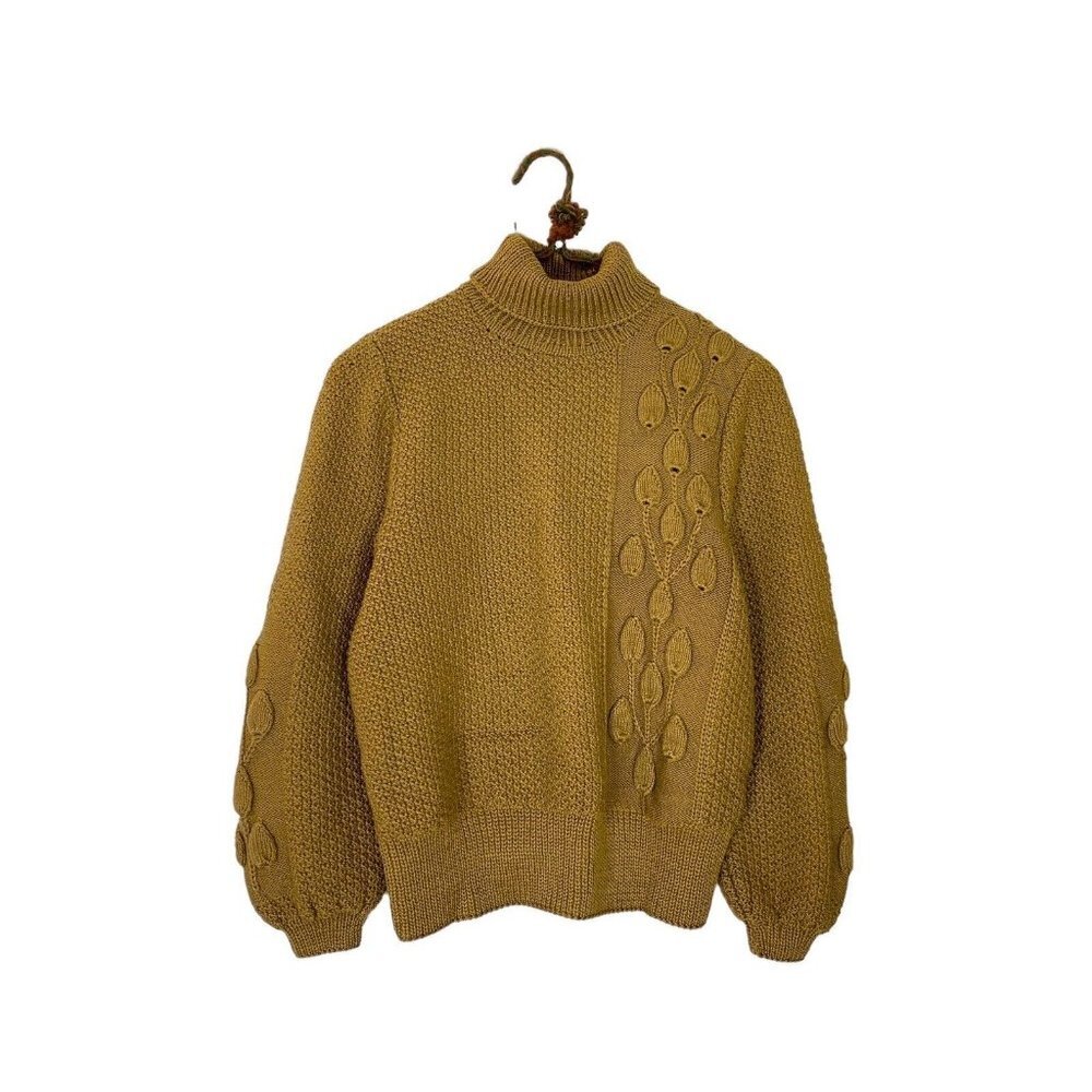 Vintage Handmade Leaf Textured Spice Gold Brown Pullover Chunky Sweater